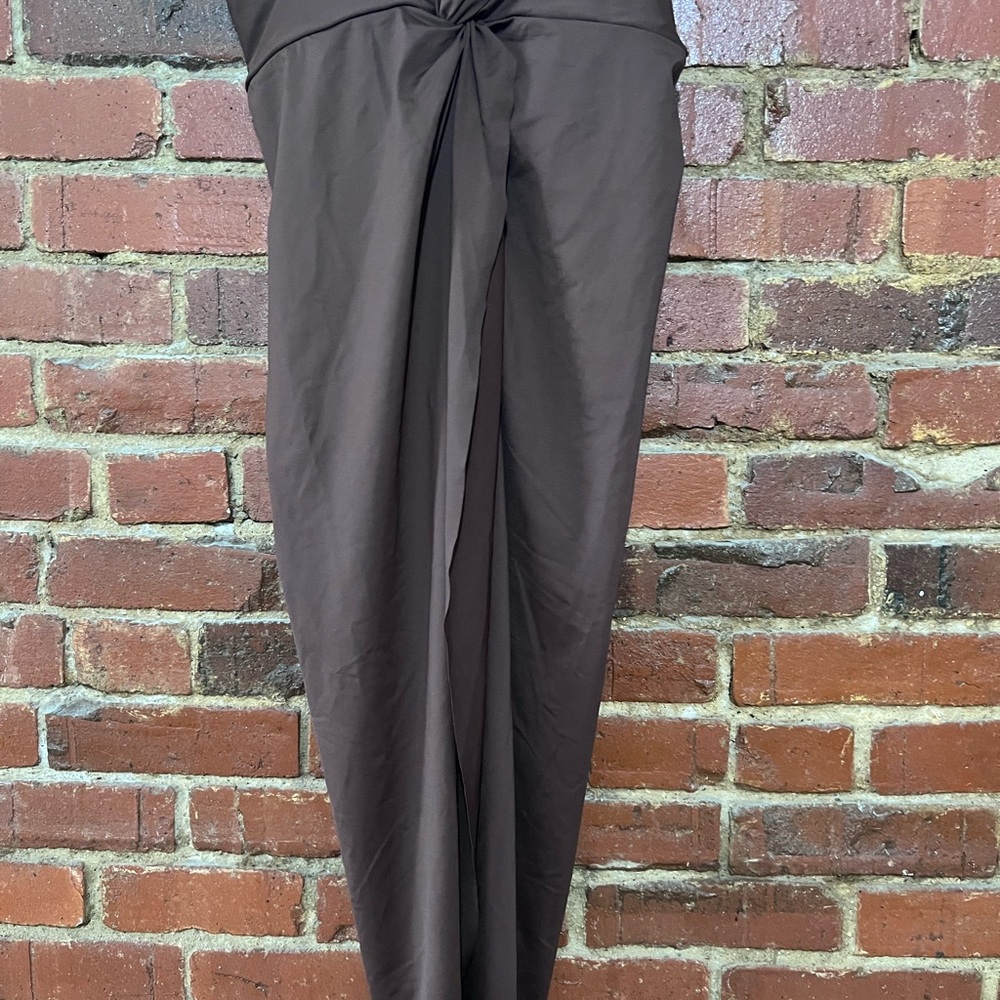 Skims Dark Brown Twist-Front swim cover up skirt midi length